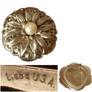 Signed Scarf Clip Gold Tone Flower Faux Pearl